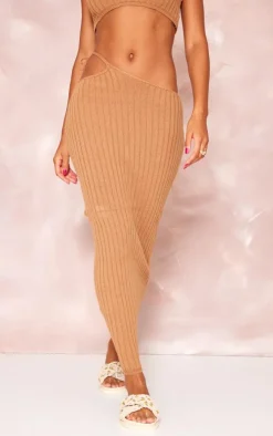 Clearance PrettyLittleThing Wide Rib Knitted Maxi Skirt Tan