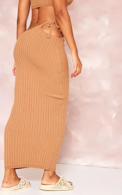 Clearance PrettyLittleThing Wide Rib Knitted Maxi Skirt Tan