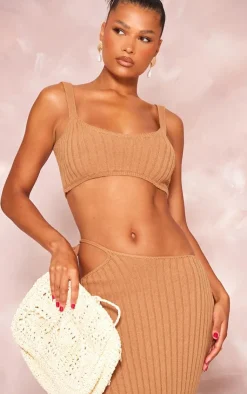 Clearance PrettyLittleThing Wide Rib Knitted Maxi Skirt Tan