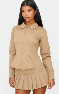 Sale PrettyLittleThing Zip Front Fitted Long Sleeve Jacket Tan