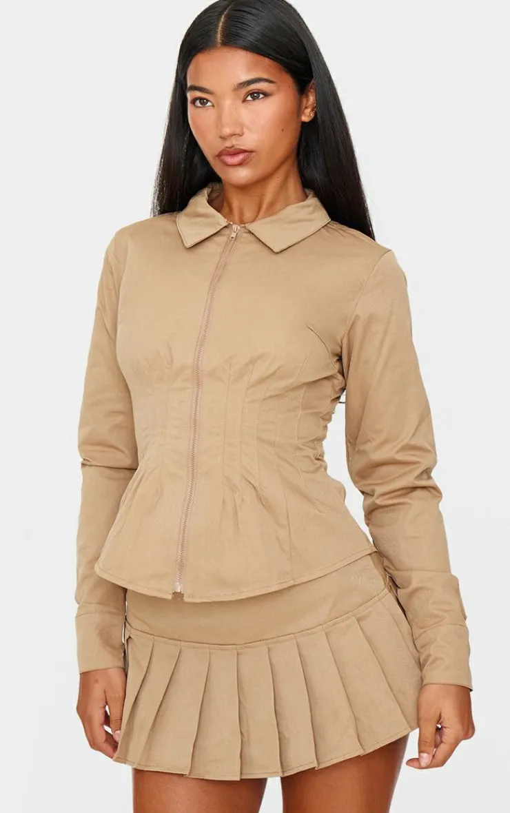 Sale PrettyLittleThing Zip Front Fitted Long Sleeve Jacket Tan