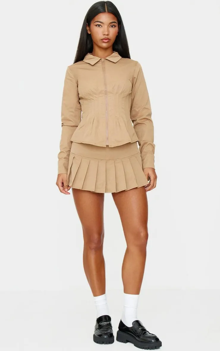 Sale PrettyLittleThing Zip Front Fitted Long Sleeve Jacket Tan