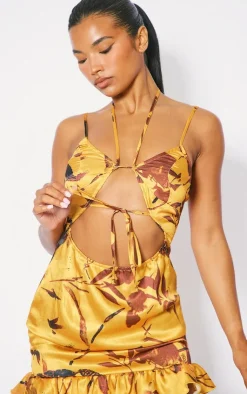 Leaf Print Cut Out Frill Hem Shift Dress-PrettyLittleThing Hot