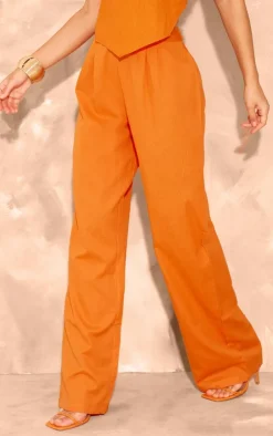 Hot PrettyLittleThing Linen Look High Waisted Wide Leg Pants Tangerine