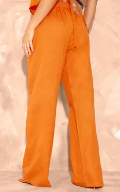 Hot PrettyLittleThing Linen Look High Waisted Wide Leg Pants Tangerine