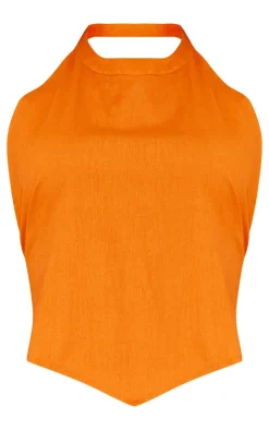 New PrettyLittleThing Linen Look Open Back Halter Neck Top Tangerine