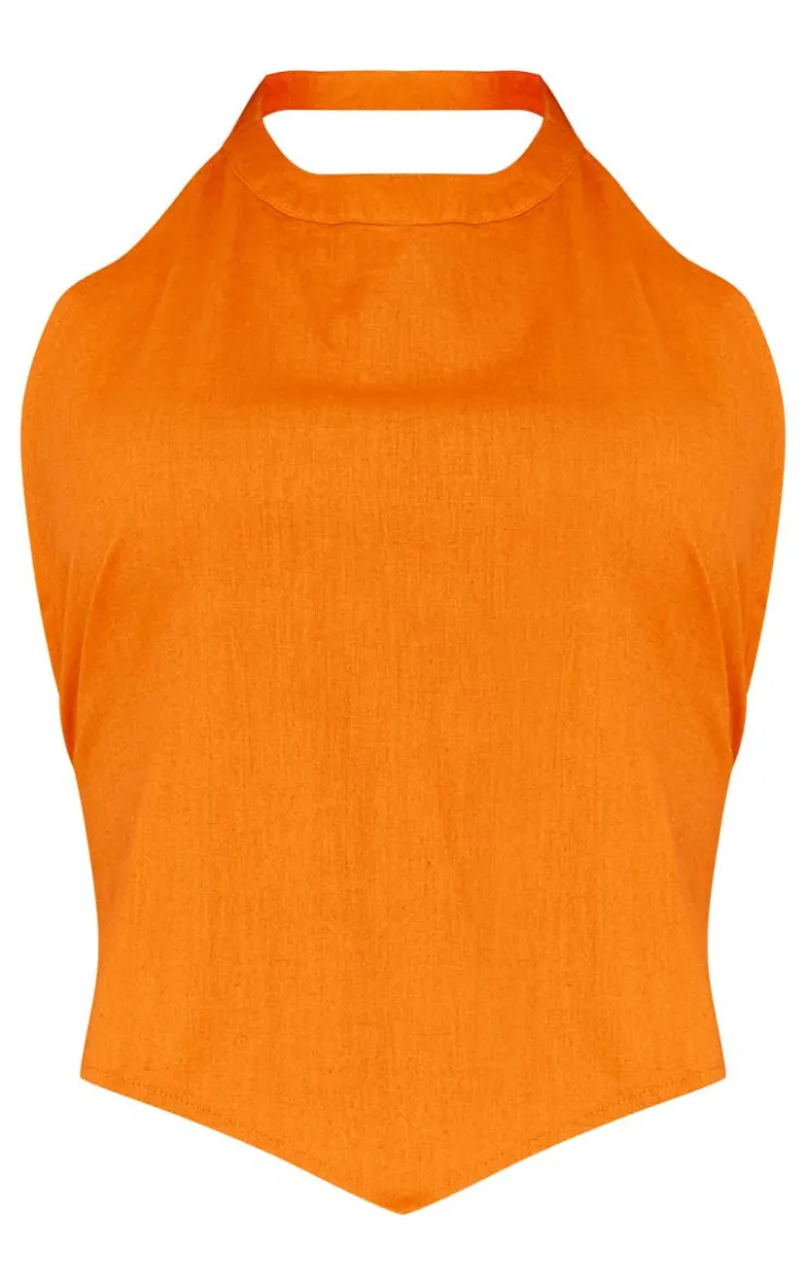 New PrettyLittleThing Linen Look Open Back Halter Neck Top Tangerine