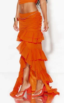 Online PrettyLittleThing Ruffle Detail Maxi Skirt Tangerine