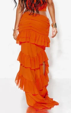 Online PrettyLittleThing Ruffle Detail Maxi Skirt Tangerine