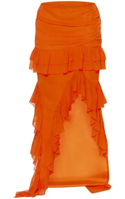 Online PrettyLittleThing Ruffle Detail Maxi Skirt Tangerine