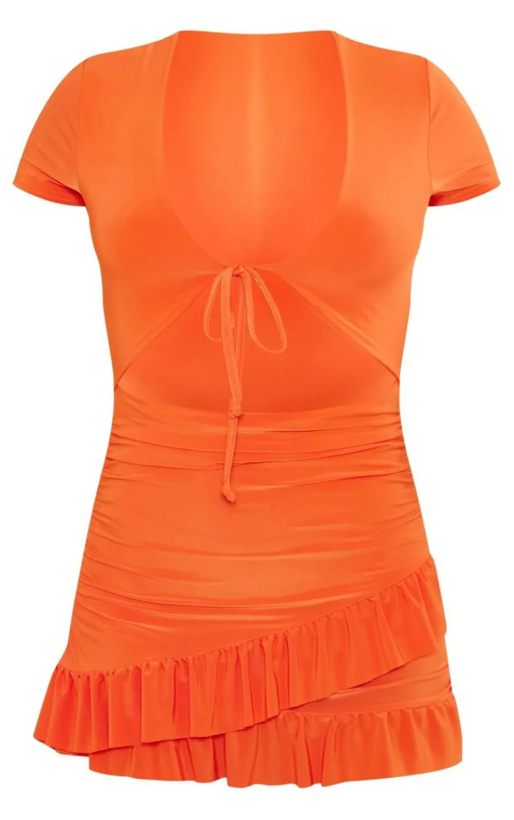 Slinky Tie Bust Cut Out Ruched Frill Hem Bodycon Dress-PrettyLittleThing Best