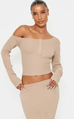 PrettyLittleThing Asymmetric Neck Rib Long Sleeve Top Taupe