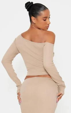 PrettyLittleThing Asymmetric Neck Rib Long Sleeve Top Taupe