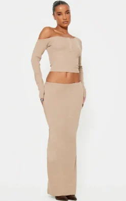 PrettyLittleThing Asymmetric Neck Rib Long Sleeve Top Taupe