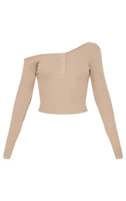 PrettyLittleThing Asymmetric Neck Rib Long Sleeve Top Taupe