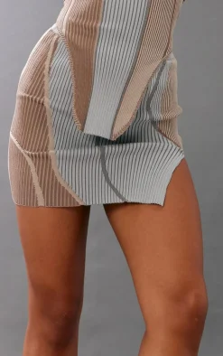 Discount PrettyLittleThing Asymmetric Two Tone Knit Micro Mini Skirt Taupe
