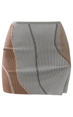 Discount PrettyLittleThing Asymmetric Two Tone Knit Micro Mini Skirt Taupe