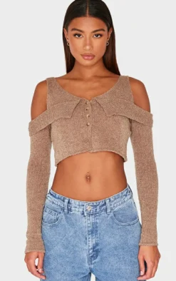 PrettyLittleThing Knitted Tops*Boucle Knit Cold Shoulder Button Up Top