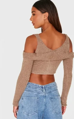 PrettyLittleThing Knitted Tops*Boucle Knit Cold Shoulder Button Up Top