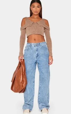 PrettyLittleThing Knitted Tops*Boucle Knit Cold Shoulder Button Up Top