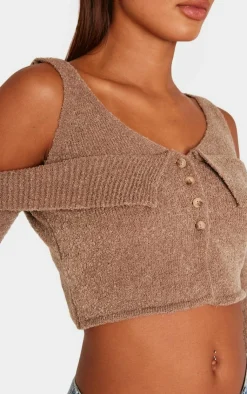 PrettyLittleThing Knitted Tops*Boucle Knit Cold Shoulder Button Up Top