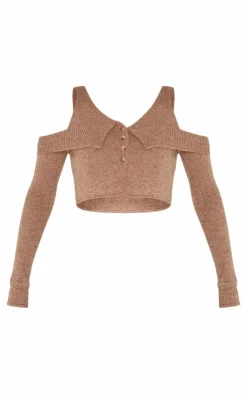PrettyLittleThing Knitted Tops*Boucle Knit Cold Shoulder Button Up Top