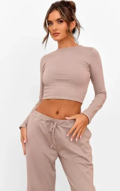 Online PrettyLittleThing Cotton Jersey Long Sleeve Crew Neck Top Taupe