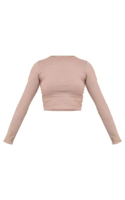 Online PrettyLittleThing Cotton Jersey Long Sleeve Crew Neck Top Taupe