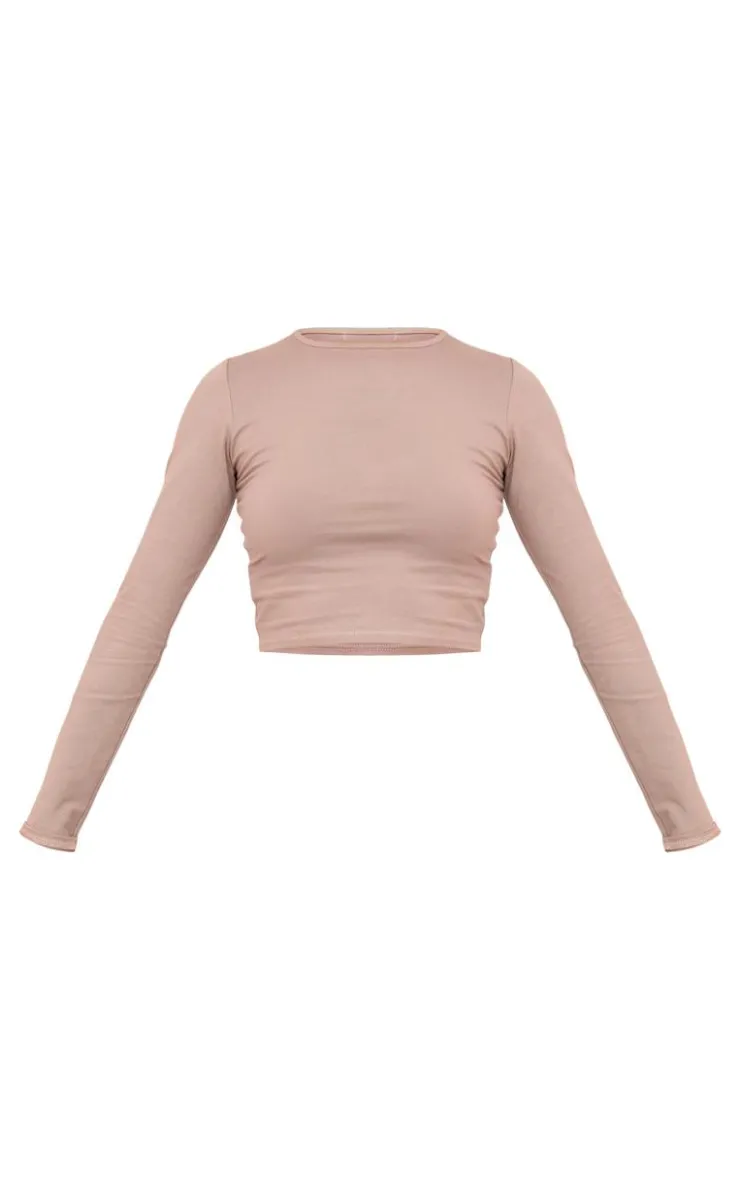 Online PrettyLittleThing Cotton Jersey Long Sleeve Crew Neck Top Taupe