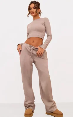 Discount PrettyLittleThing Cotton Jersey Wide Leg Pants Taupe