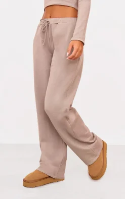 Discount PrettyLittleThing Cotton Jersey Wide Leg Pants Taupe