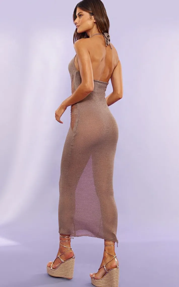 Taupe Distressed Ladder Sheer Knit Dress