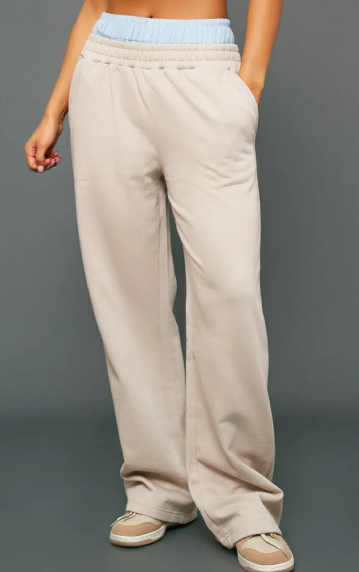 Taupe Double Waistband Oversized Wide Leg Sweatpants