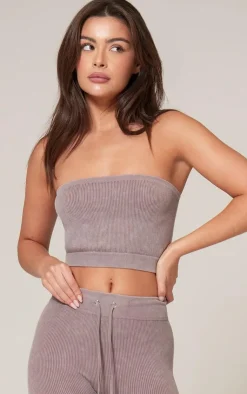 Online PrettyLittleThing Taupe Faded Snatched Rib Bandeau Crop Top Mocha