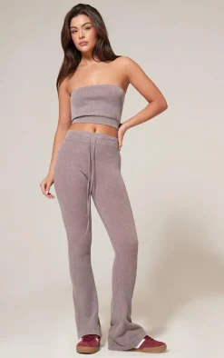 Online PrettyLittleThing Taupe Faded Snatched Rib Tie Waist Skinny Flare Pants Taupe.