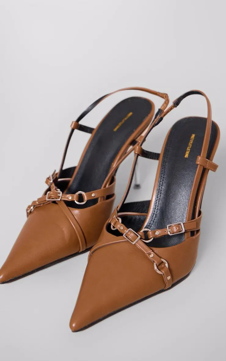 PrettyLittleThing Mules*Faux Leather Point Toe Buckle Strap Sling Back High Heeled Mules
