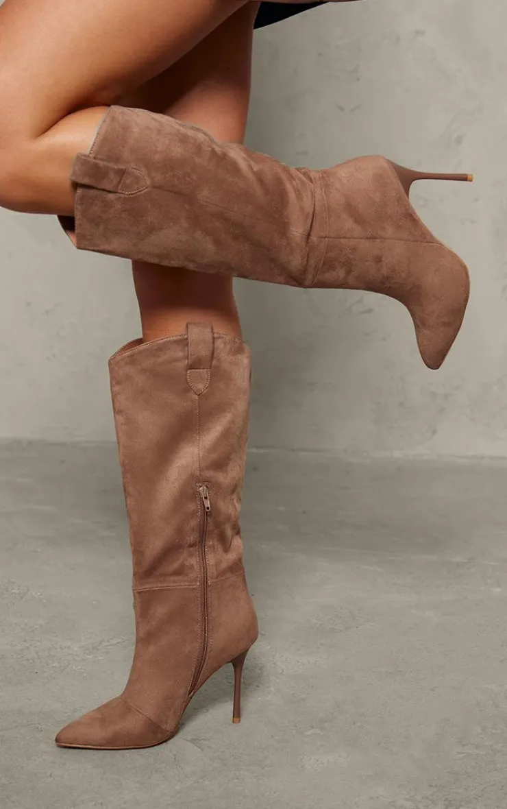 PrettyLittleThing High Heels*Faux Suede Point Toe Western Knee High Stiletto Heeled Boots