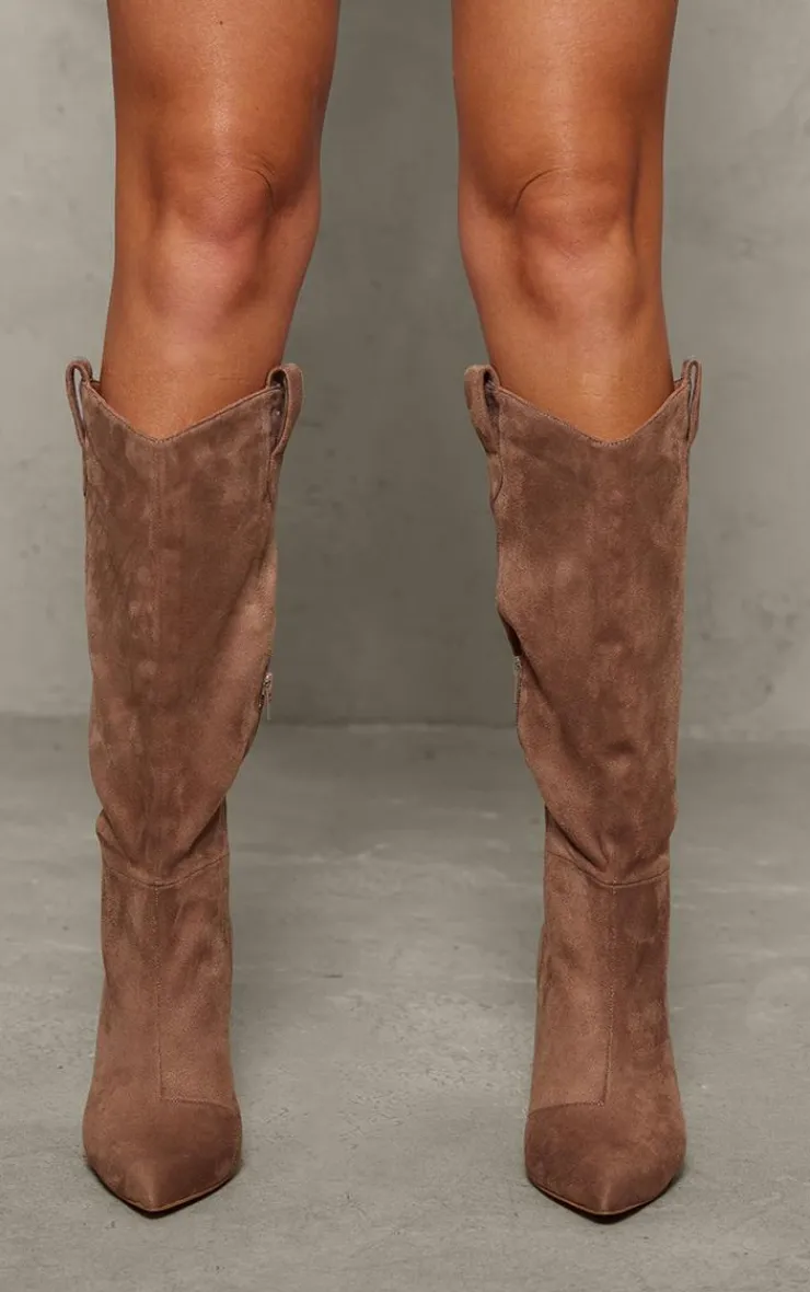 PrettyLittleThing High Heels*Faux Suede Point Toe Western Knee High Stiletto Heeled Boots