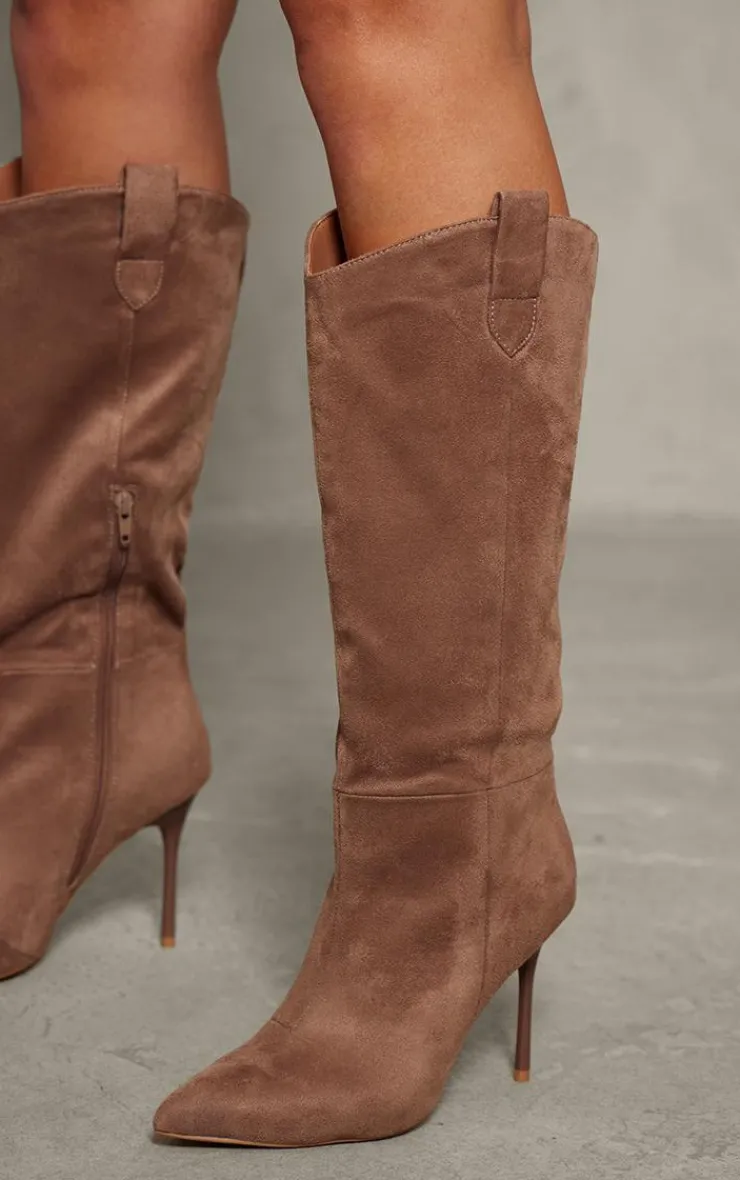 PrettyLittleThing High Heels*Faux Suede Point Toe Western Knee High Stiletto Heeled Boots
