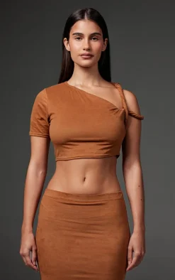 PrettyLittleThing Faux Suede Twist Strap Detail Crop Top Taupe