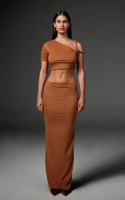 PrettyLittleThing Faux Suede Twist Strap Detail Crop Top Taupe