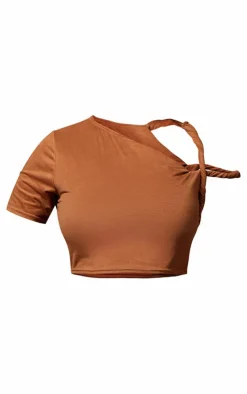 PrettyLittleThing Faux Suede Twist Strap Detail Crop Top Taupe