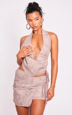 Best PrettyLittleThing Floral Applique Cut Out Wrap Over Micro Mini Skirt Taupe