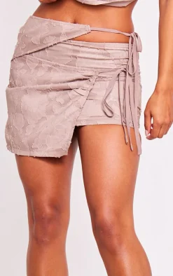 Best PrettyLittleThing Floral Applique Cut Out Wrap Over Micro Mini Skirt Taupe