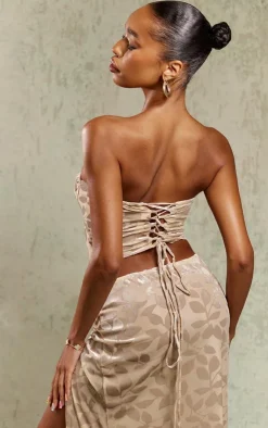 Hot PrettyLittleThing Floral Devore Ruched Front Bandeau Corset Taupe