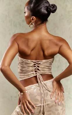Hot PrettyLittleThing Floral Devore Ruched Front Bandeau Corset Taupe