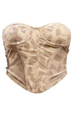Hot PrettyLittleThing Floral Devore Ruched Front Bandeau Corset Taupe