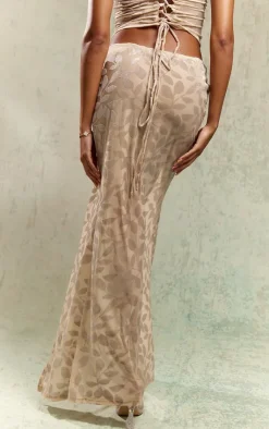 Online PrettyLittleThing Taupe Floral Devore Twist Side Midaxi Skirt Taupe.