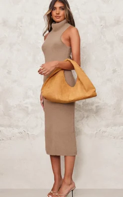 Taupe Funnel Neck Super Soft Knit Midi Dress