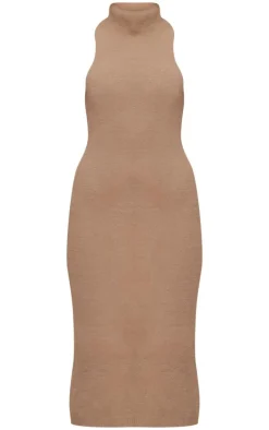 Taupe Funnel Neck Super Soft Knit Midi Dress